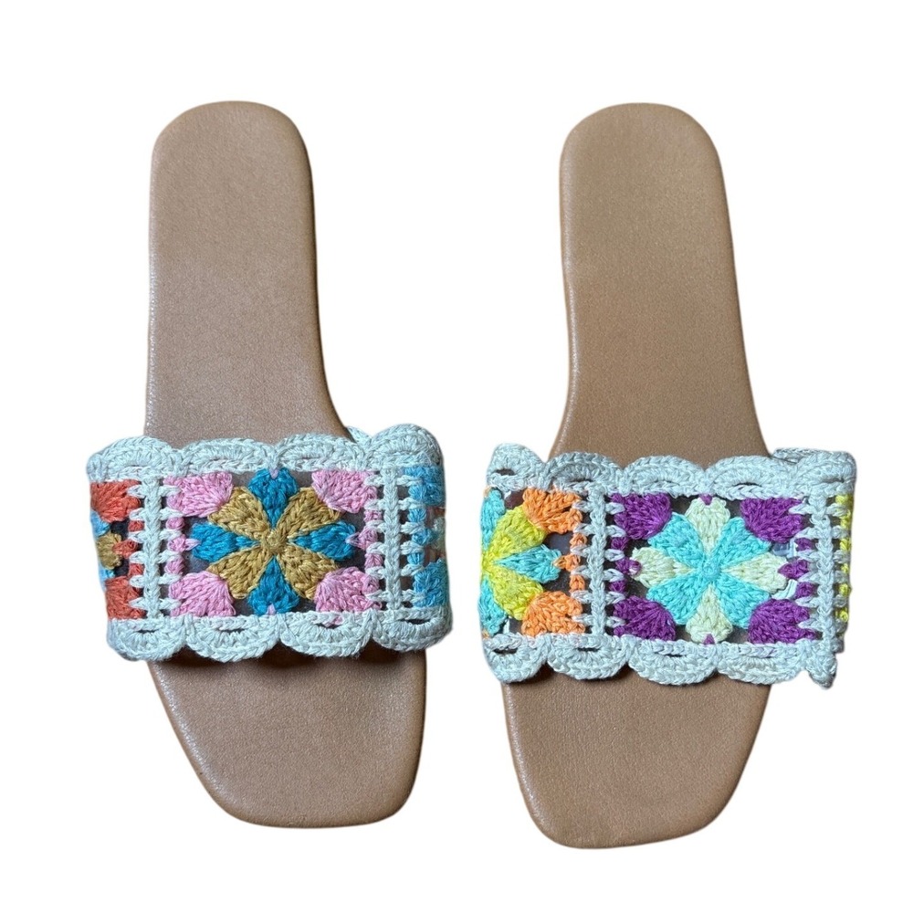 Crochet Slide Sandals Womens Multi Color Boho Granny Square SIZE 39